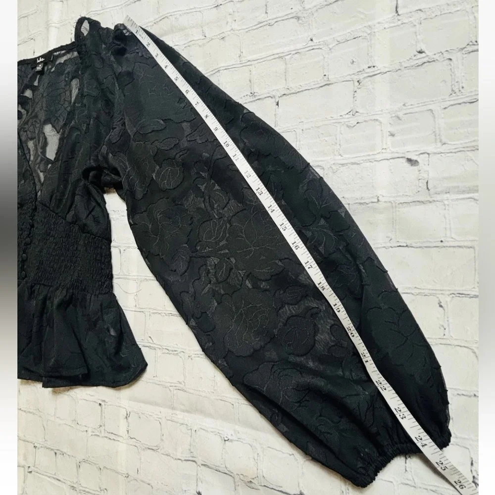 Lulus Women's M Patio Date Black Floral Burnout Lace Button-Up Long Sleeve Top - Picture 11 of 13